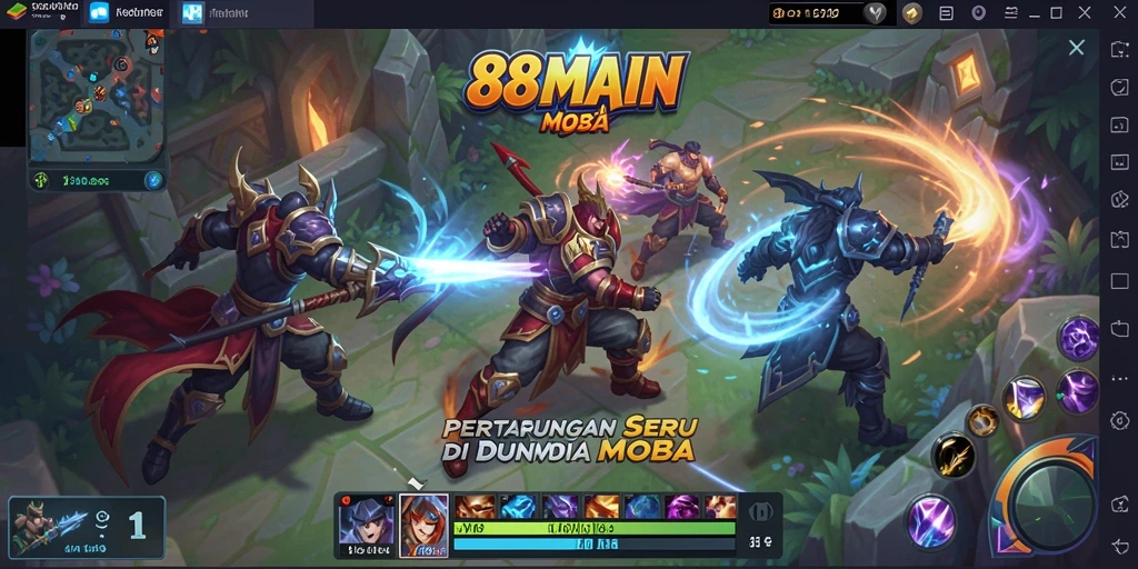 Screenshot gameplay 88MAIN menampilkan aksi seru dalam pertarungan tim MOBA.