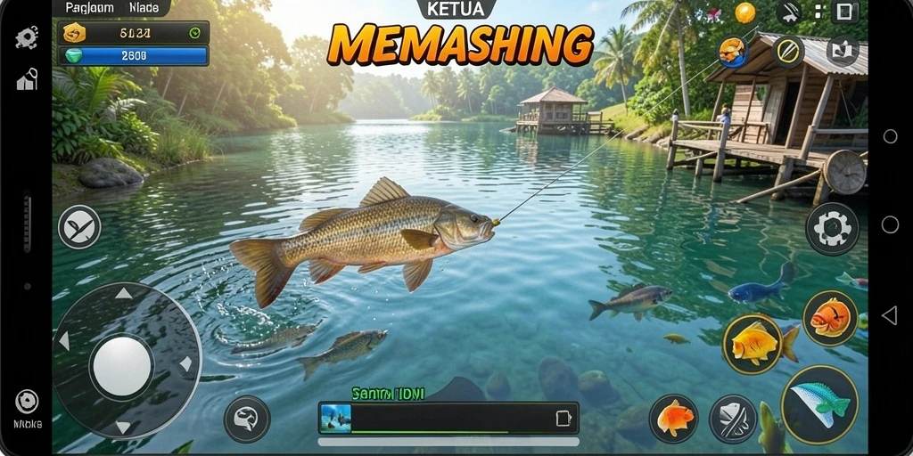 Screenshot permainan KETUA yang menunjukkan aksi memancing yang mendebarkan.