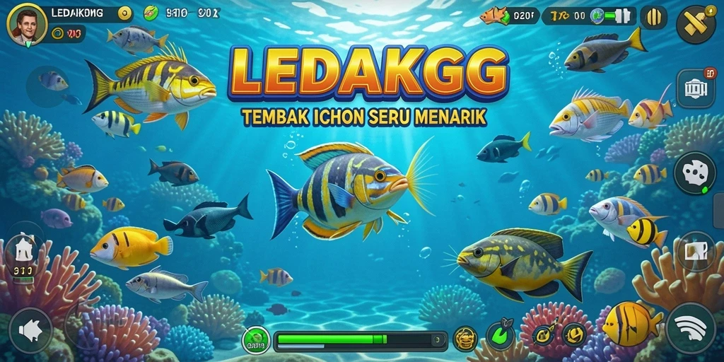 Tampilan screenshot utama LEDAKGG menampilkan aksi menangkap ikan yang seru.